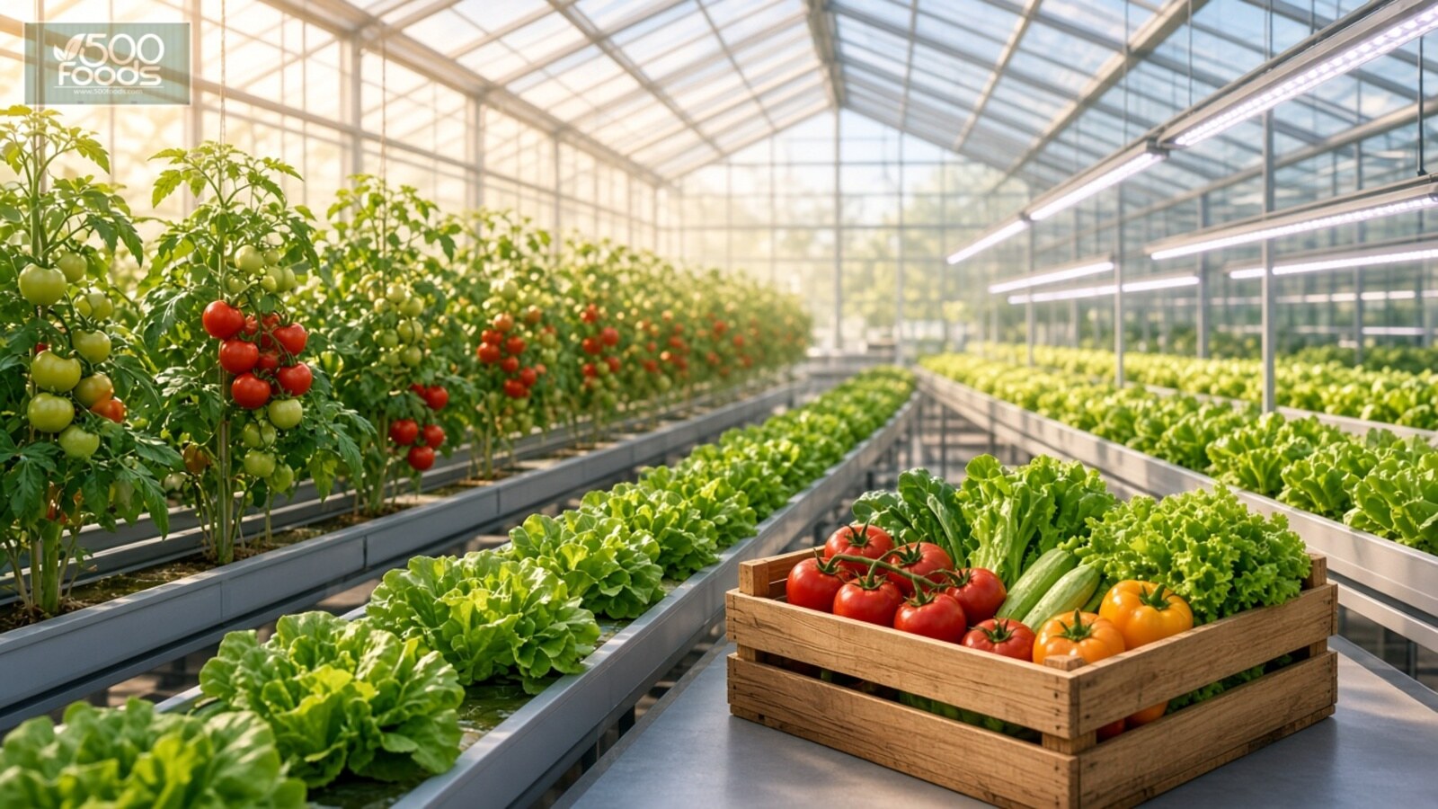Greenhouse rows of tomatoes and lettuce with a crate of fresh produce
