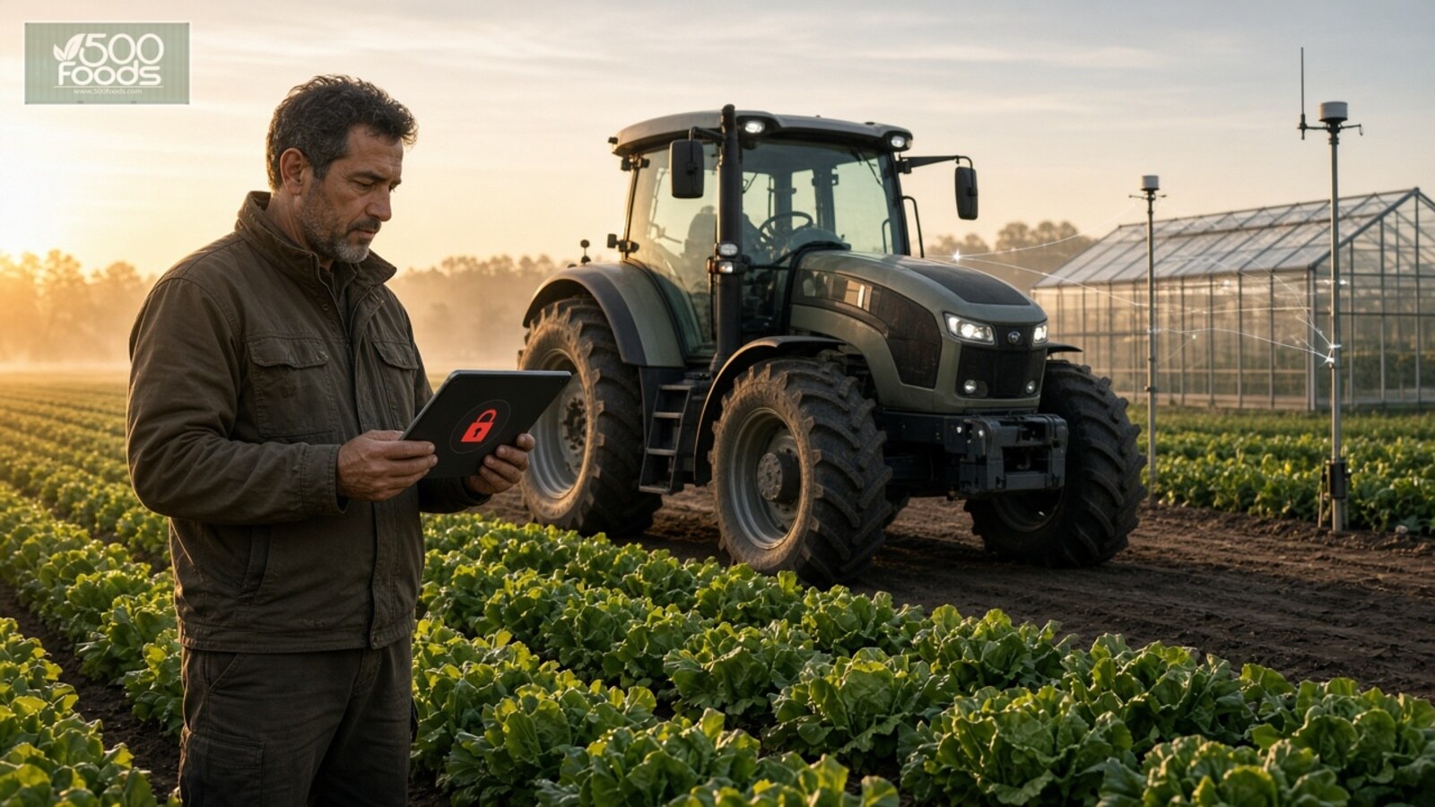 AI-generated illustration: a farmer beside a connected tractor and lettuce field at dawn checks a tablet showing a red padlock security warning