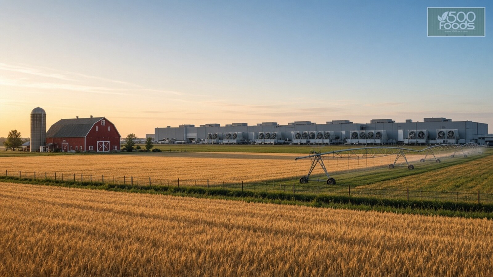 AI-generated illustration: a farm with a red barn, wheat field and irrigation pivot at sunset, with a large data centre building on the horizon