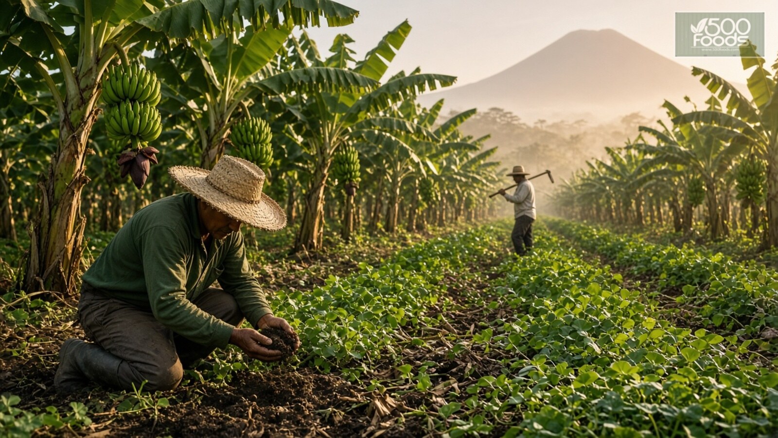 AI-generated illustration: a farmworker in a straw hat kneels to examine dark soil between rows of banana plants underplanted with green cover crops, with a volcano in the morning haze behind.