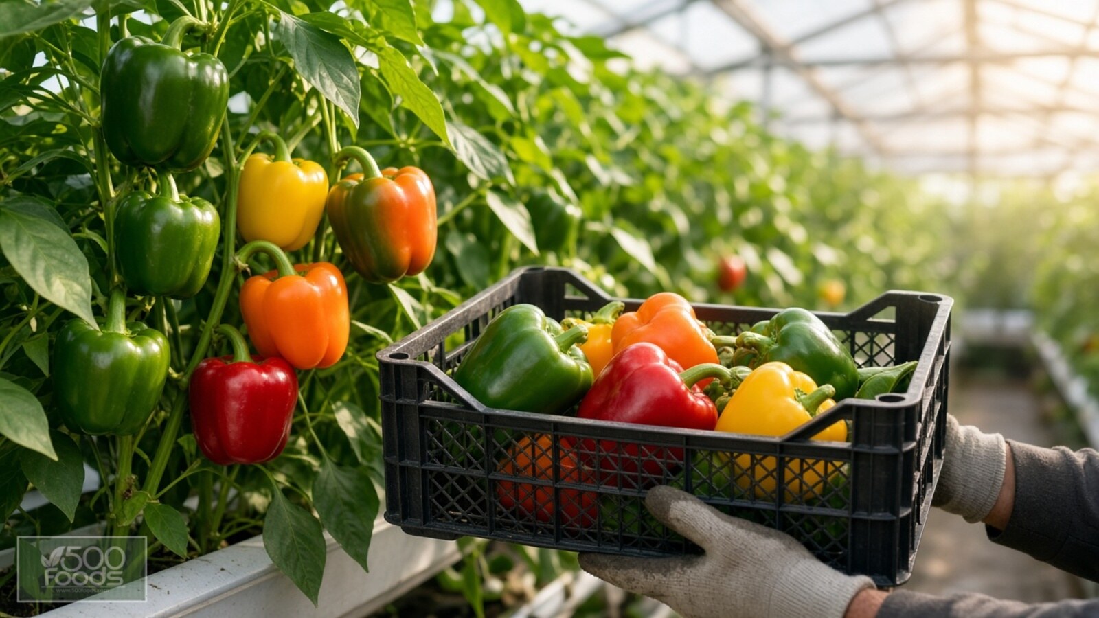 AI-generated illustration: green, yellow, orange and red bell peppers ripening on greenhouse plants beside a gloved grower holding a crate of mixed-colour peppers