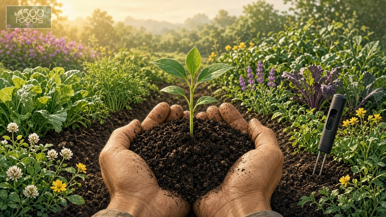 Hands holding rich soil and a seedling in front of diverse organic vegetable beds