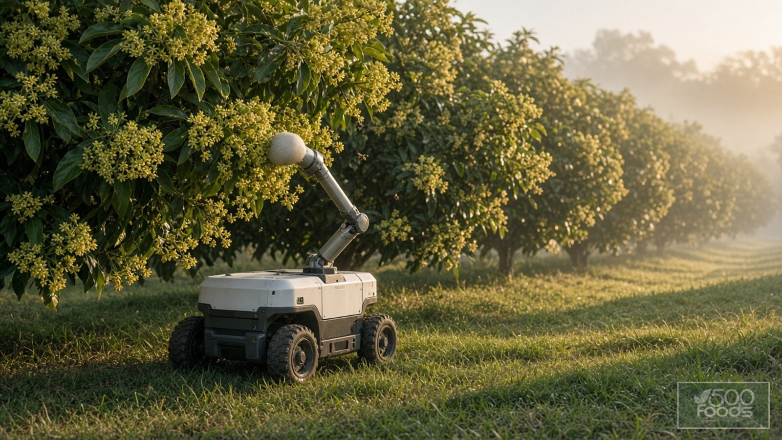 AI-generated illustration: a small wheeled pollination robot moving between flowering avocado trees in an orchard at dawn, with honeybees nearby