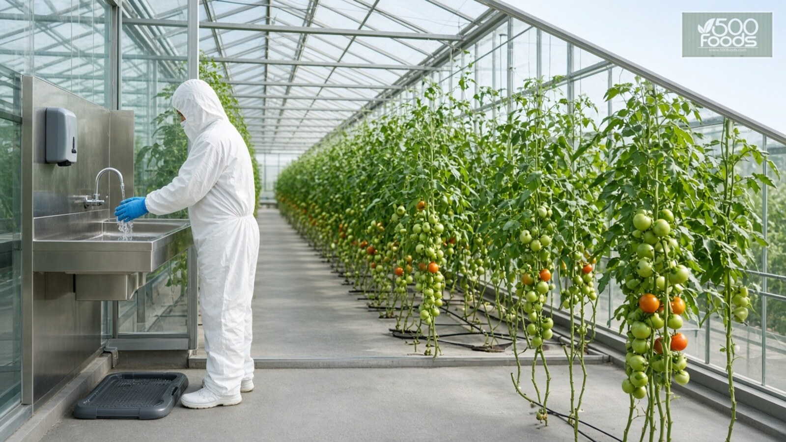 AI-generated illustration: greenhouse worker washing hands at a hygiene station beside rows of tomato plants