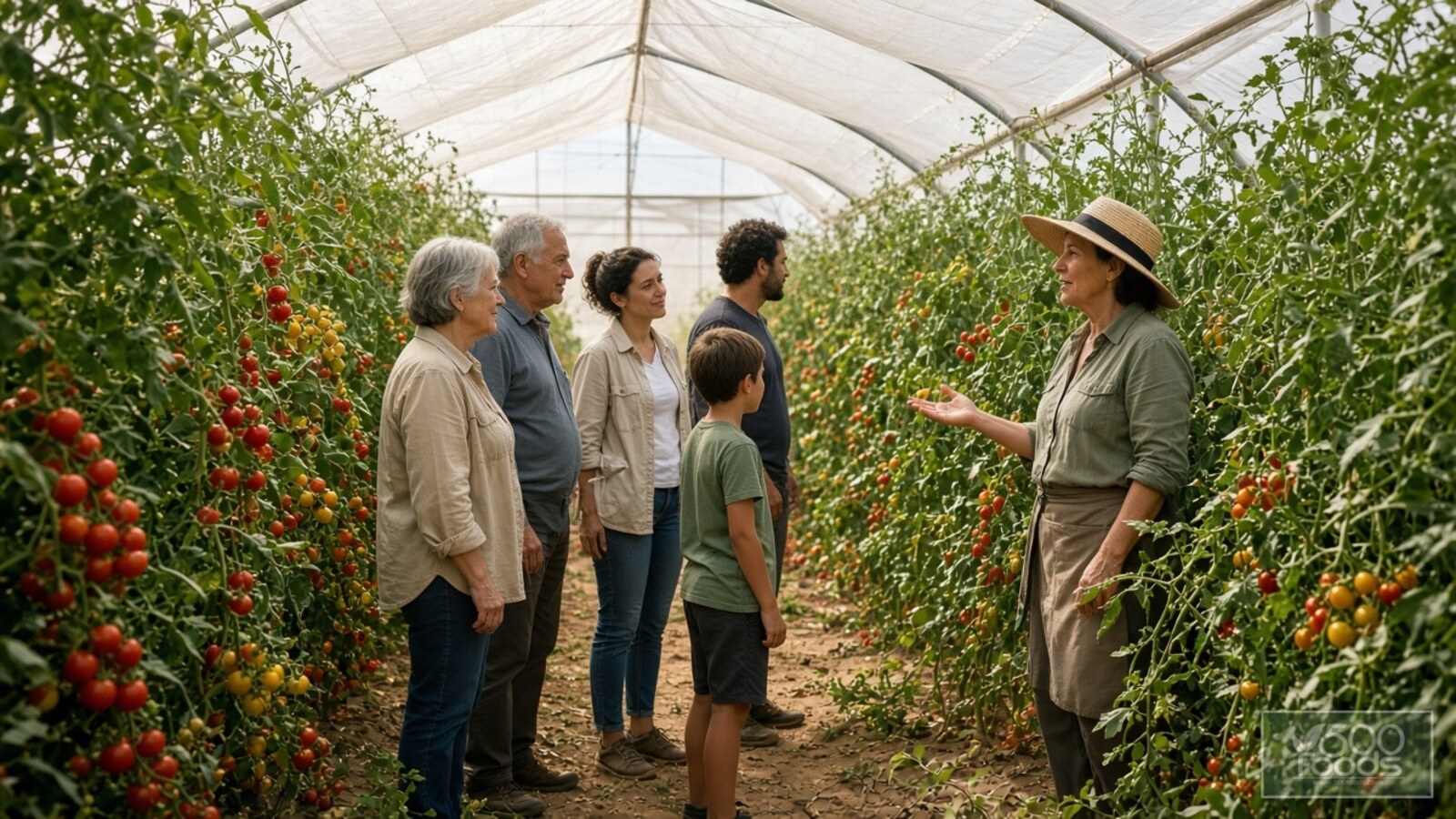 AI-generated illustration: a farmer guide shows a small group of visitors the cherry tomato rows inside a sunlit Almería plastic greenhouse