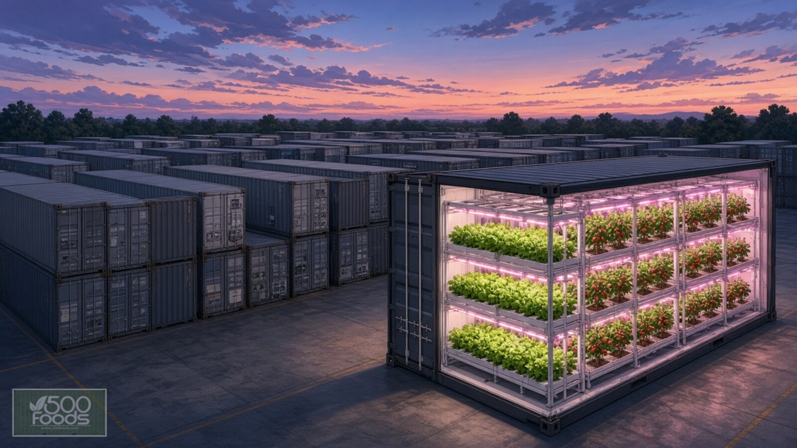 Rows of stacked shipping containers with one cut away to show it packed with growing plants