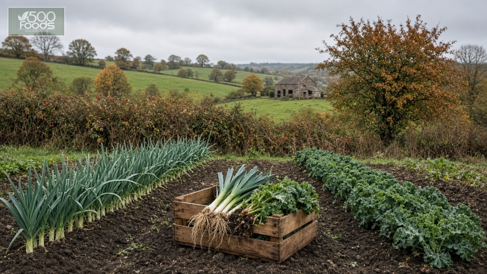 AI-generated illustration: a small English organic vegetable farm in autumn, with rows of leeks and kale, a hedgerow and rolling green fields under a soft grey sky