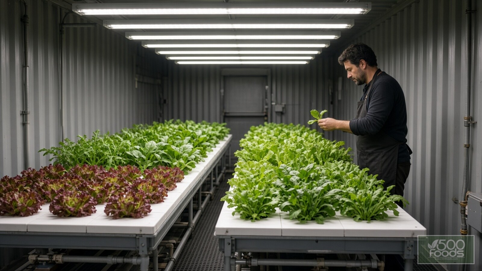 AI-generated illustration: a grower checks hydroponic lettuce, arugula, spinach and mustard greens under bright white LED bars inside a shipping-container farm