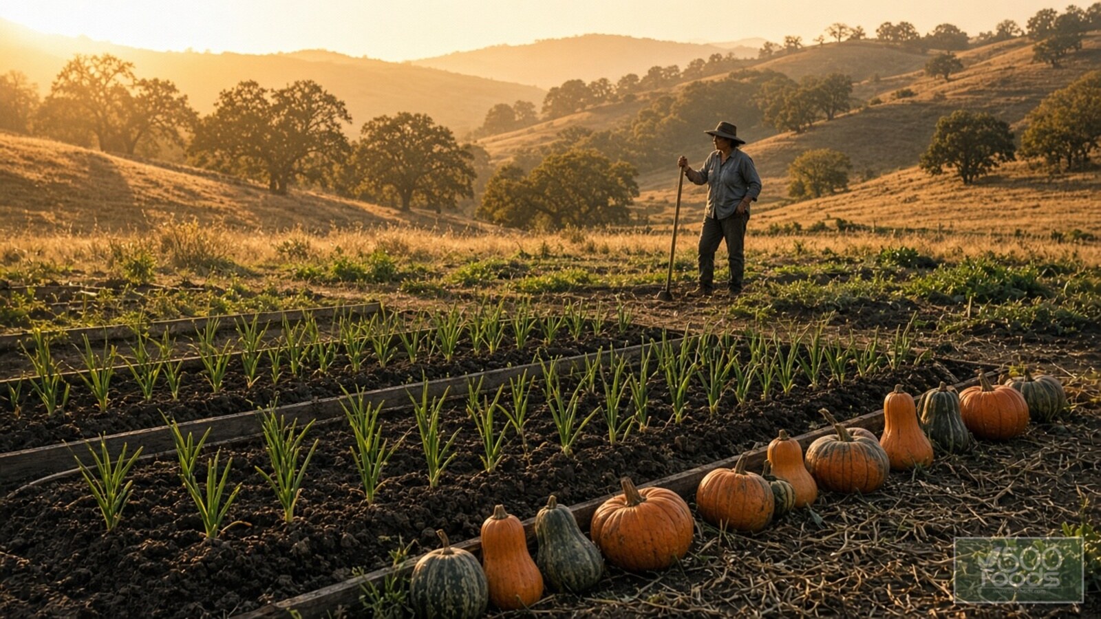 AI-generated illustration: a small Northern California farm at golden hour, with garlic beds and winter squash in front and a farmer resting on a hoe in the distance