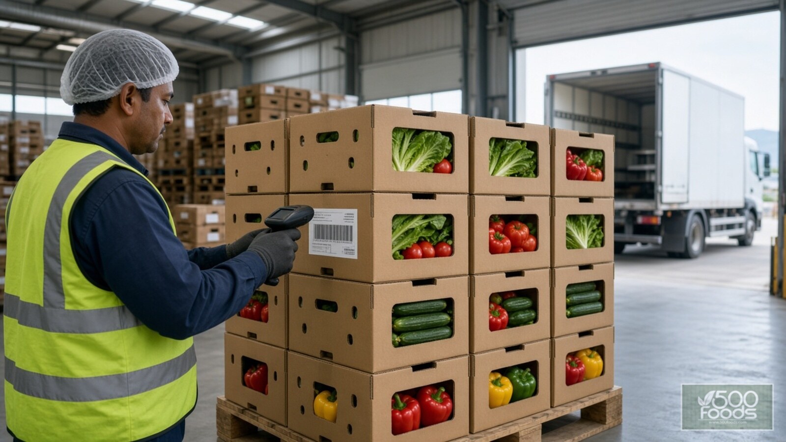 AI-generated illustration: a packing-shed worker scans a lot-code barcode on cases of lettuce, tomatoes, cucumbers and peppers beside a refrigerated truck
