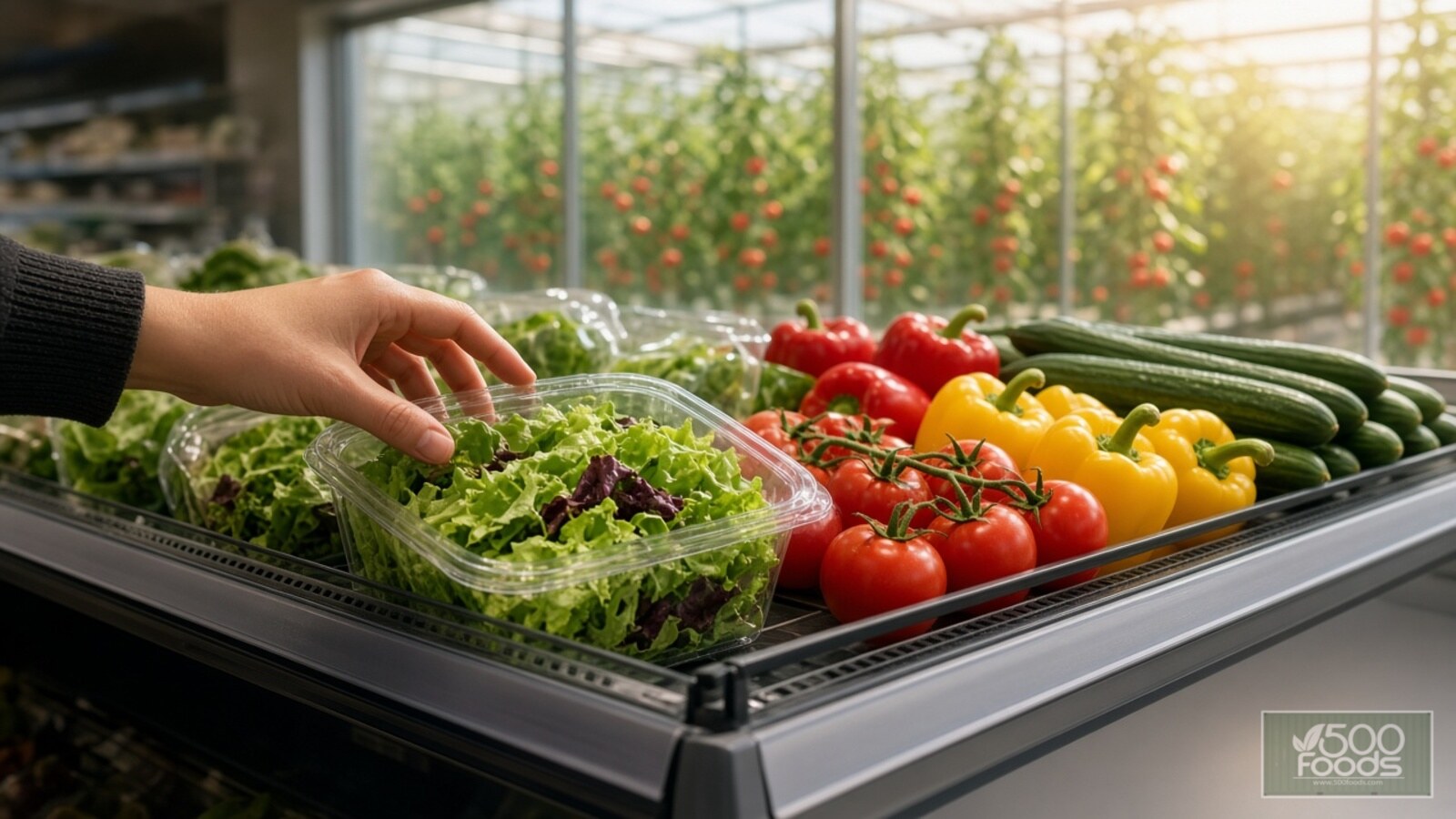 AI-generated illustration: a shopper reaches for a clamshell of greenhouse salad greens beside vine tomatoes, bell peppers and cucumbers, with a tomato greenhouse visible through the store window