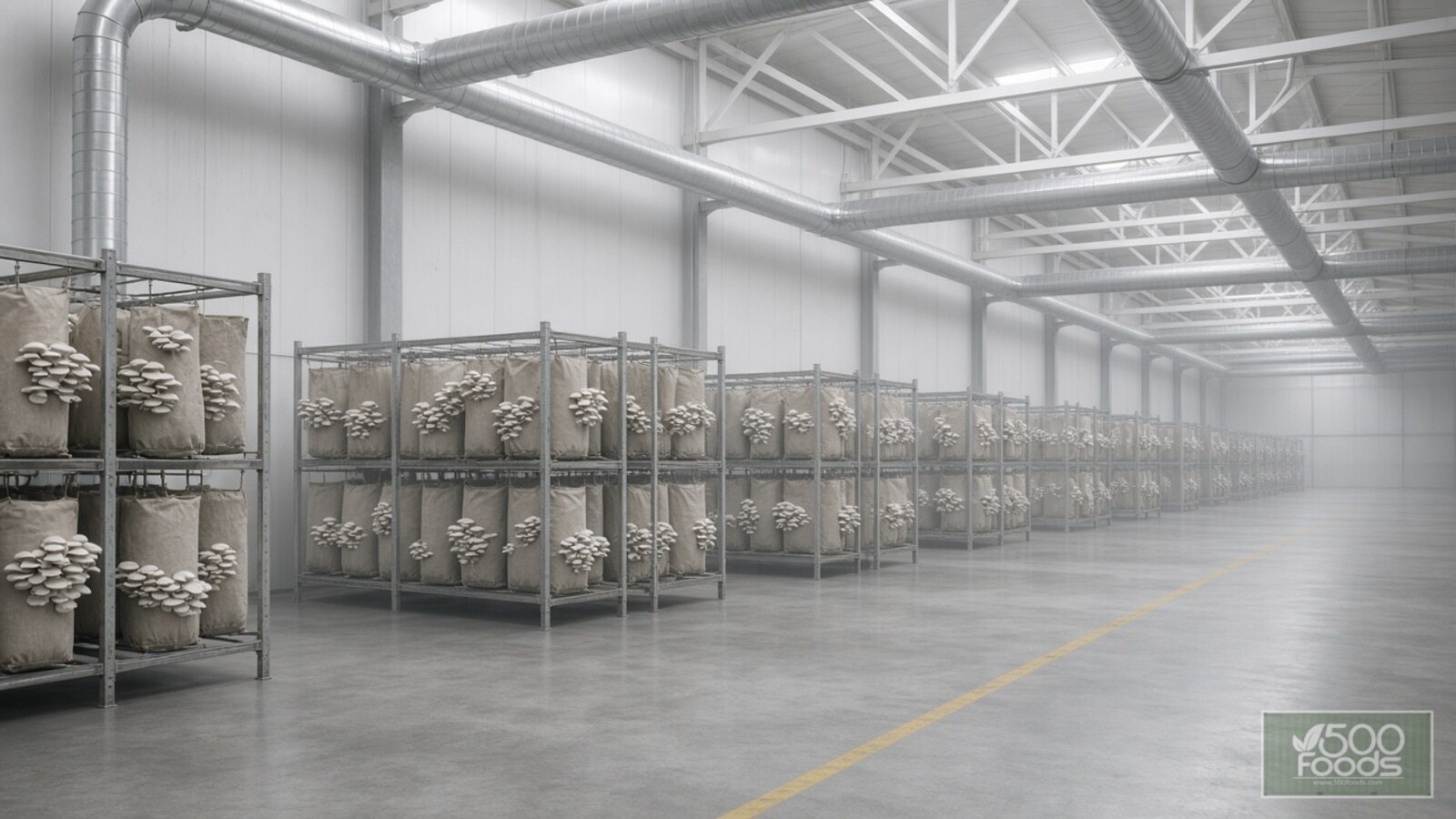 AI-generated illustration: racks of hanging grow bags sprouting white oyster mushrooms inside a sealed, windowless former car paint shop with steel ventilation ducts and a yellow floor line