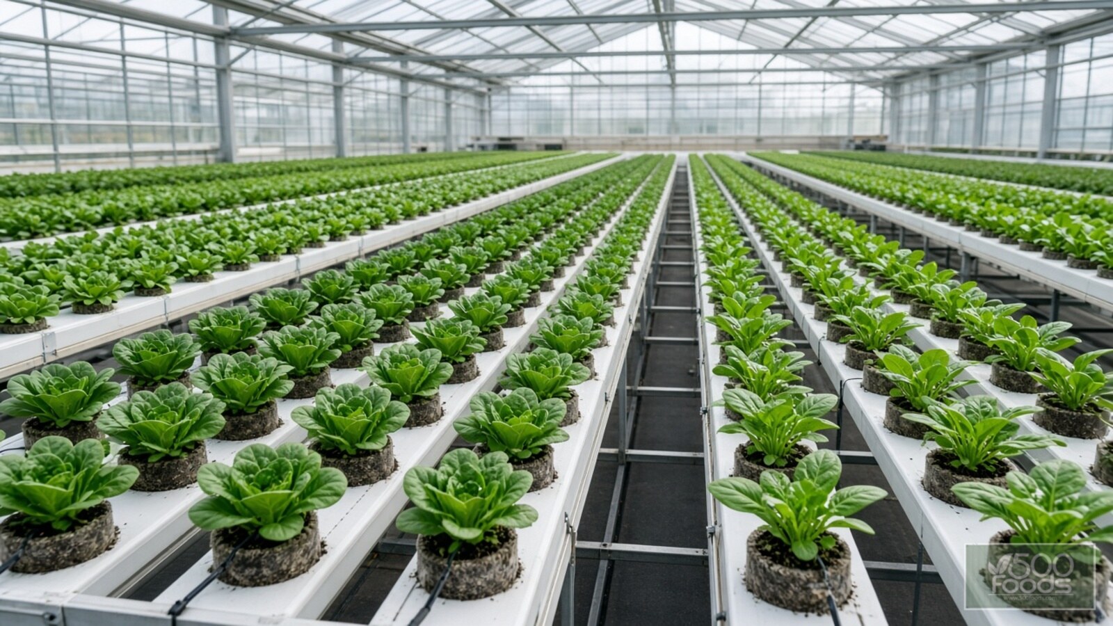 AI-generated illustration: rows of white mobile hydroponic gutters in a glasshouse, packed with dense sleeves of young lamb's lettuce and spinach in peat and stone wool plugs