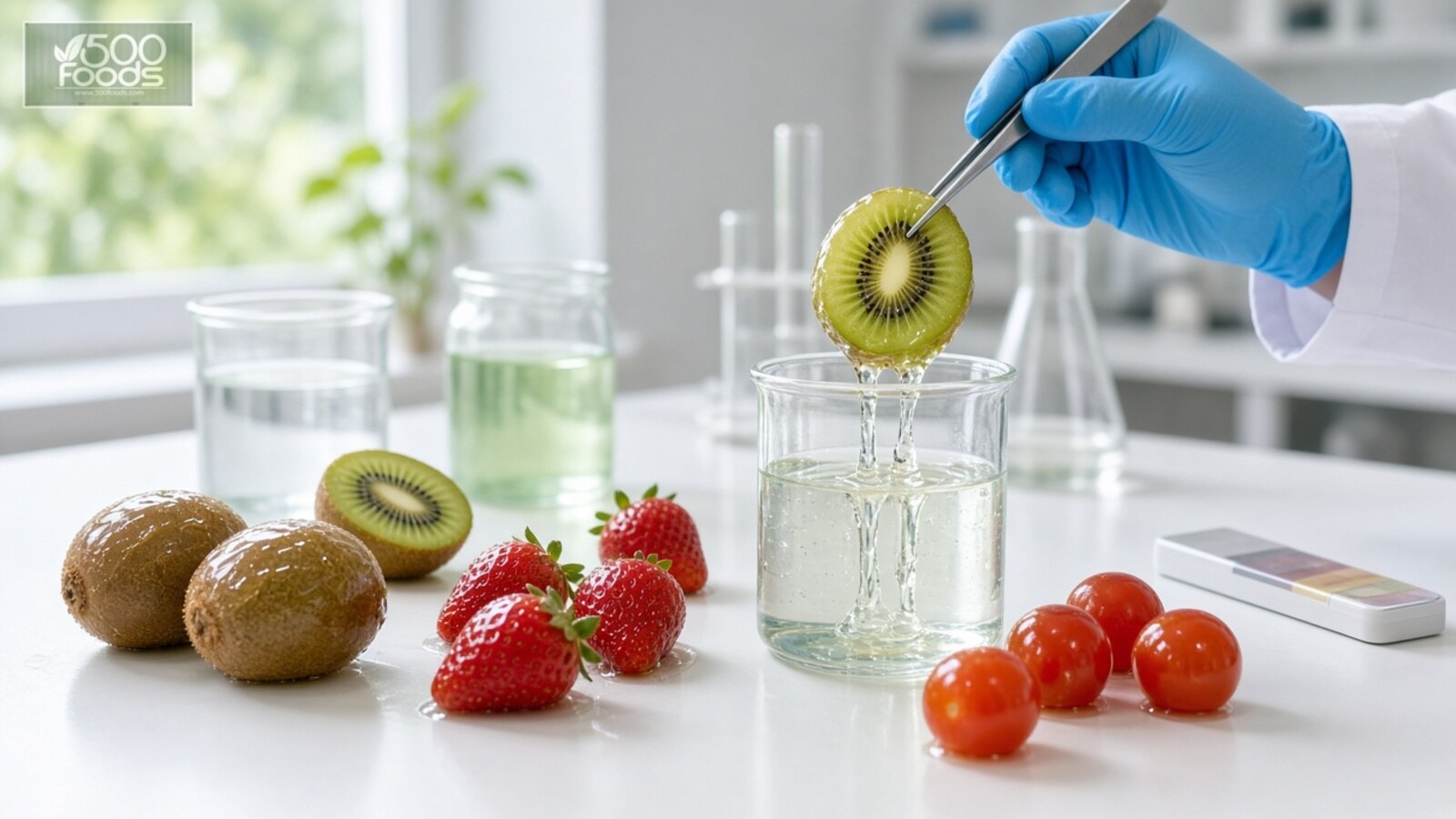 AI-generated illustration: a coated kiwifruit is lifted from a beaker of clear gel on a lab bench beside glossy strawberries and cherry tomatoes