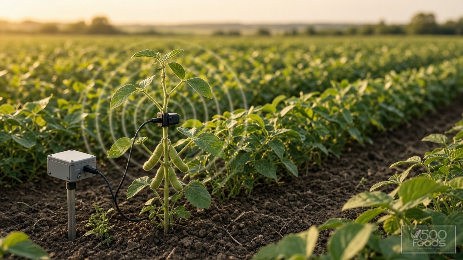AI-generated illustration: a clip-on contact microphone on a soybean stem, wired to a small sensor box in a sunlit soybean field