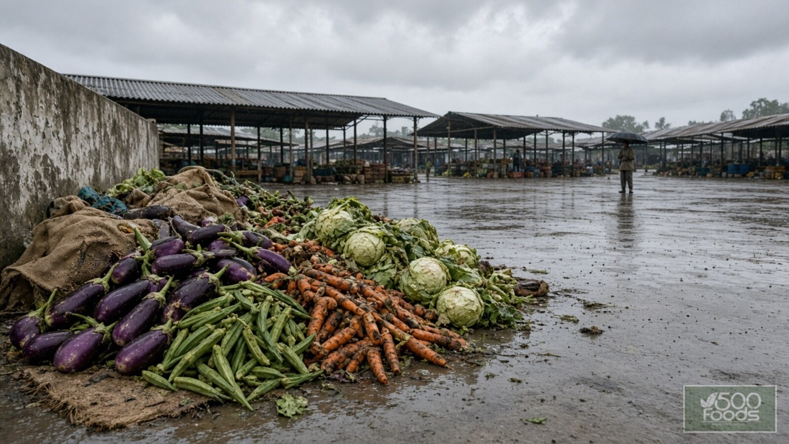 AI-generated illustration: unsold eggplants, okra, carrots and cabbages heaped on a wet floor at a quiet wholesale vegetable market after rain