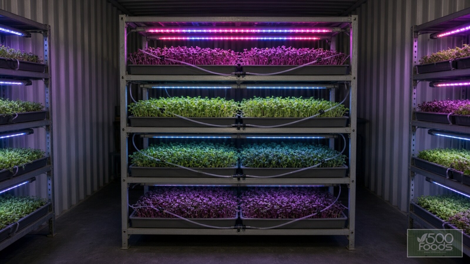 AI-generated illustration: trays of radish, pea and broccoli microgreens on stacked racks under pink and blue LED bars inside a shipping-container farm, with thin irrigation lines feeding each tray