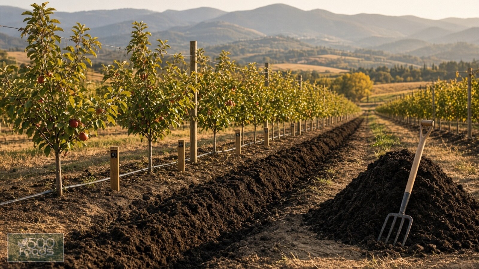Rows of young trellised apple trees in autumn light beside a freshly dug trench filled with dark composted manure, a compost pile and garden fork in the foreground