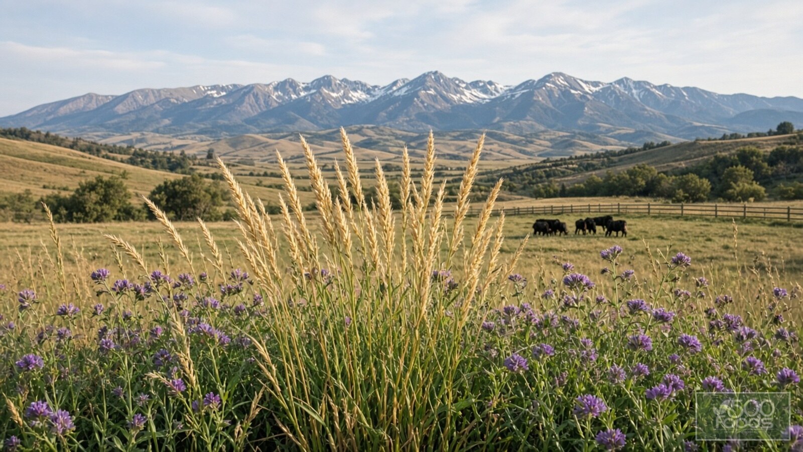 AI-generated illustration: perennial wheatgrass grain heads growing among flowering alfalfa on a Montana ranch, with cattle and mountains behind