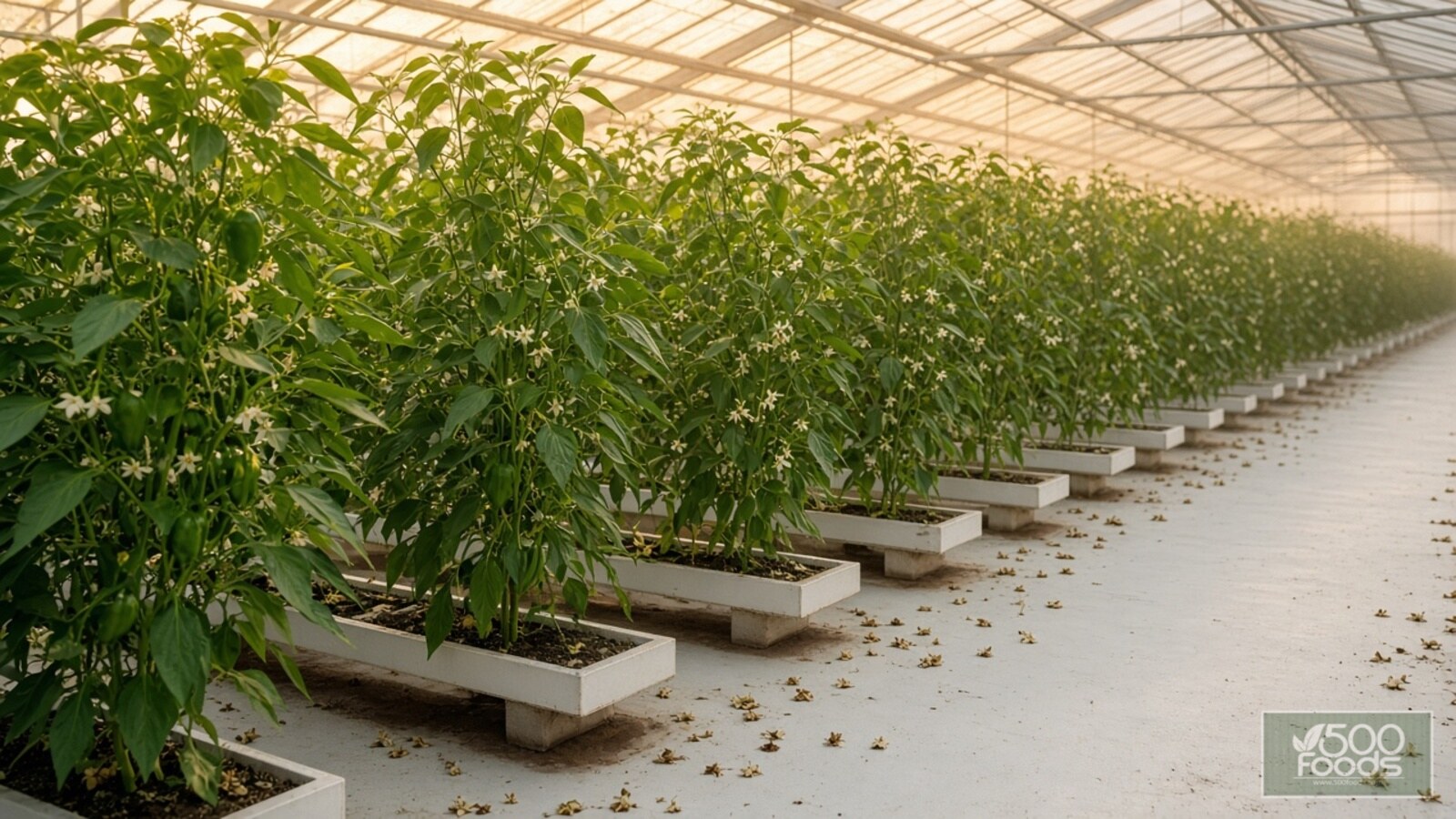 AI-generated illustration: sweet pepper plants in a sun-warmed greenhouse, with wilted flowers dropping onto the floor