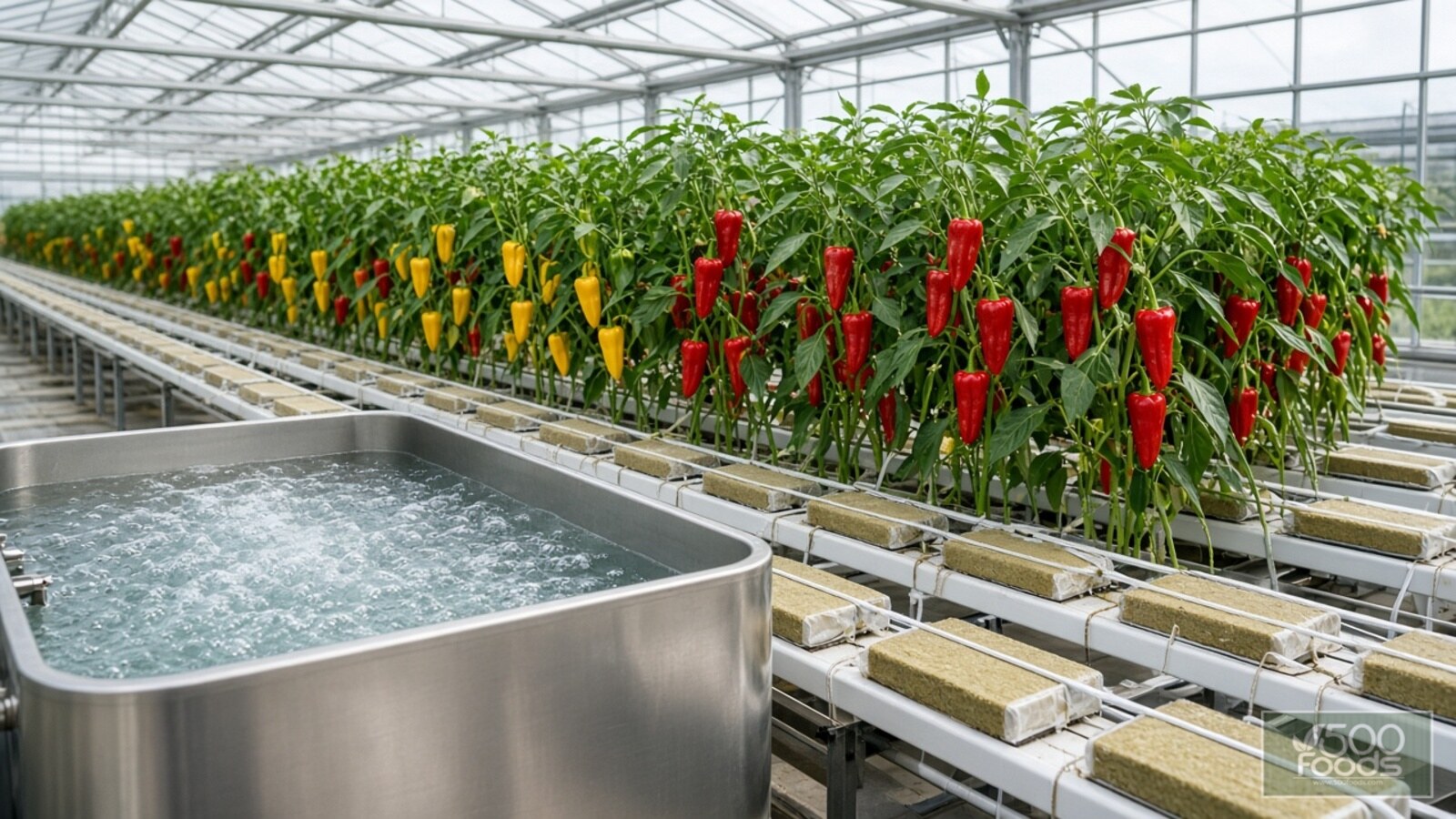 AI-generated illustration: a Dutch glasshouse sweet-pepper crop in long rows of rockwool slabs, with a stainless-steel tank of clear, bubbling oxygen-rich irrigation water in the foreground