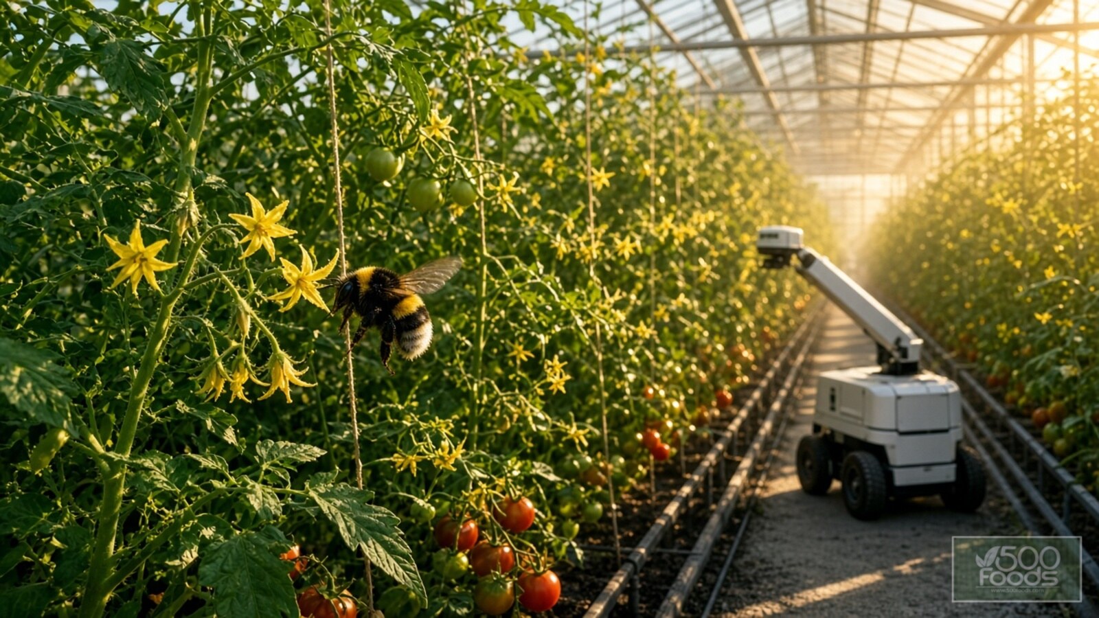 AI-generated illustration: a bumblebee visits yellow tomato flowers in a sunlit greenhouse while a small pollination robot works further down the row