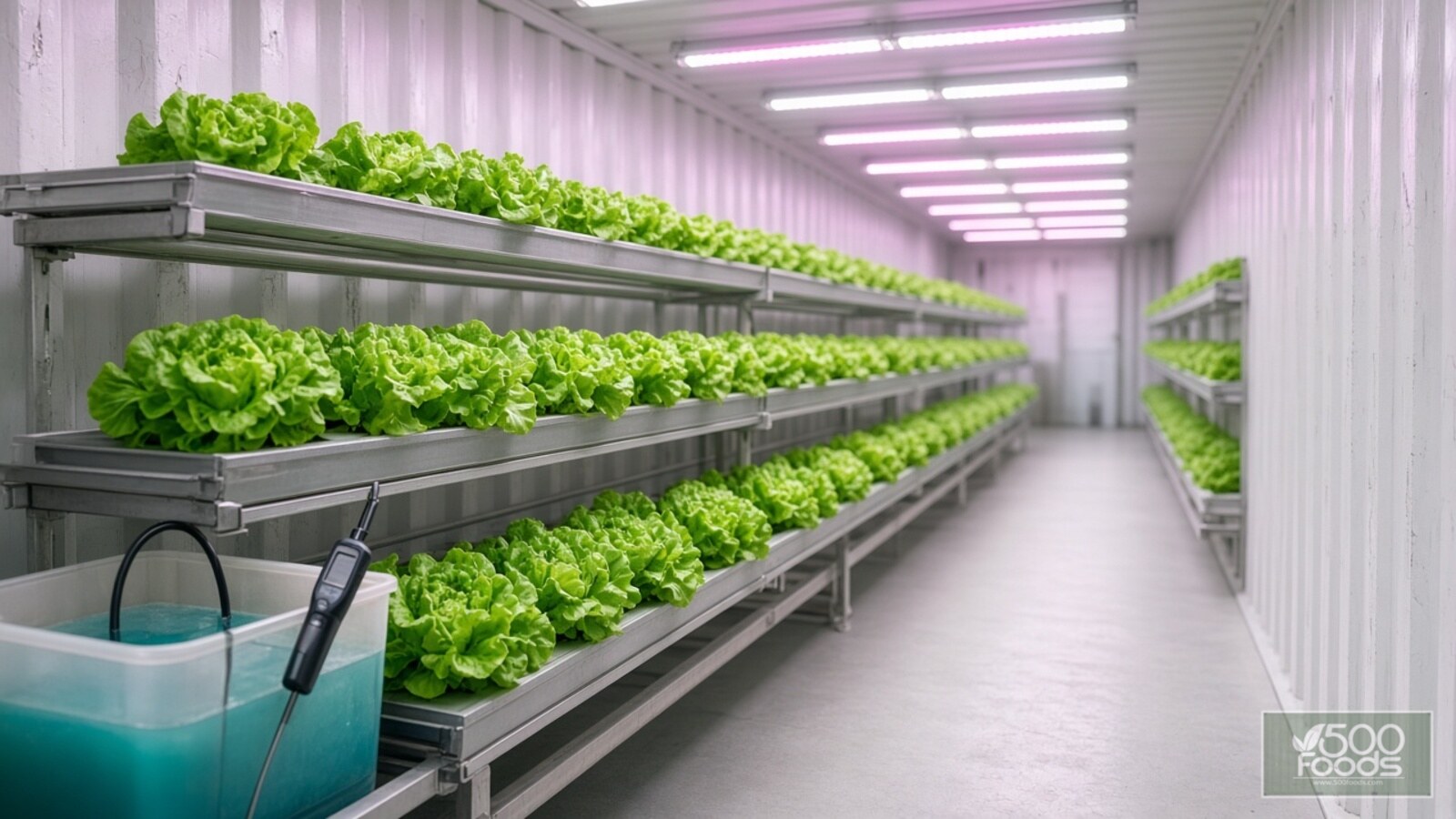 AI-generated illustration: rows of hydroponic lettuce under pink-white LED light inside a shipping-container farm, with a grower checking an EC meter