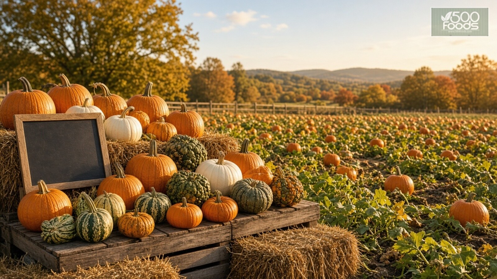 AI-generated illustration: a small farm stand at golden hour stacked with orange, white, warty heirloom and striped pumpkins on straw bales, with a pick-your-own pumpkin field behind