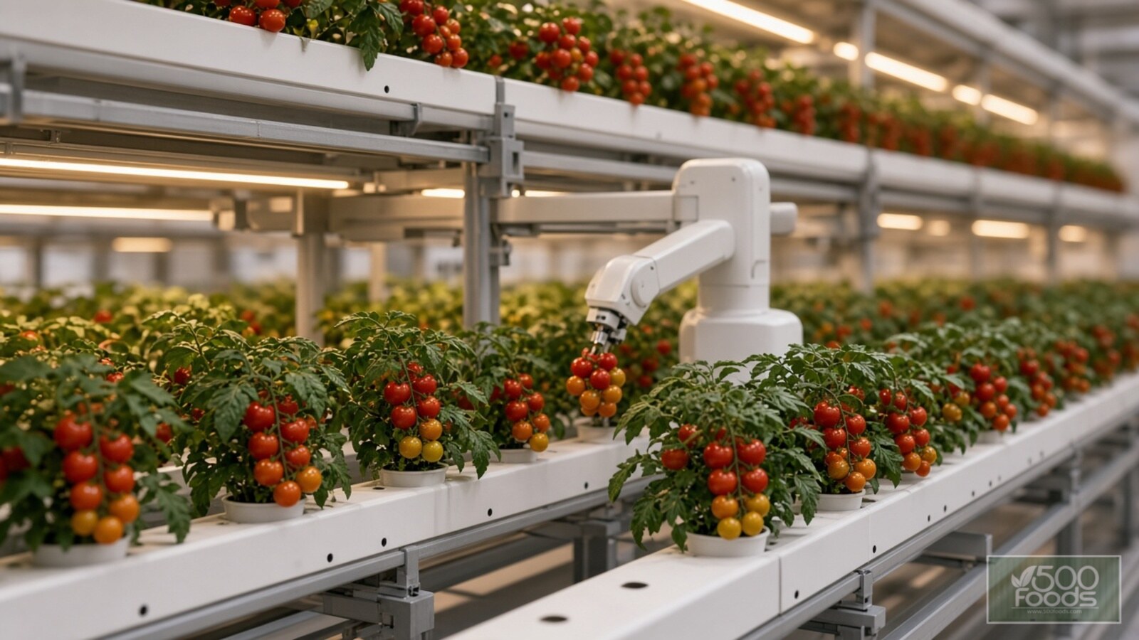 AI-generated illustration: compact dwarf tomato plants with red and orange cherry tomatoes in pots on stacked white movable gutters under LED lights, with a robotic arm reaching for a fruit cluster