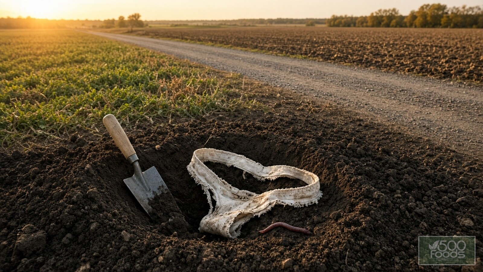 AI-generated illustration: a mostly decomposed cotton brief lifted from dark no-till soil beside a trowel and an earthworm, with a cover-cropped field and a tilled field across a country road