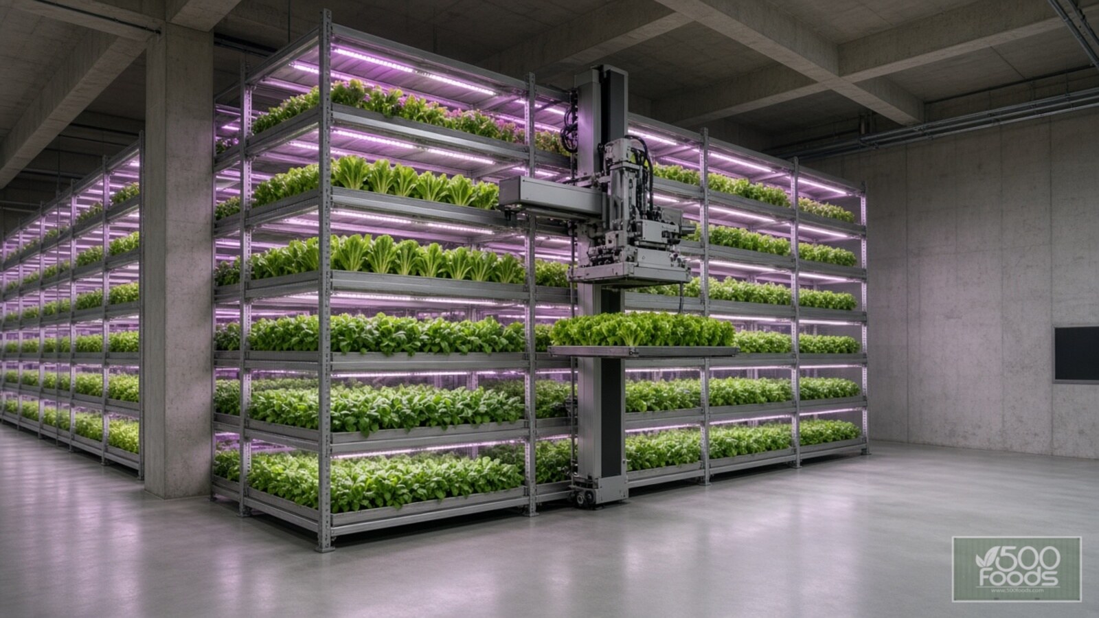AI-generated illustration: a robotic gantry lifts a tray of leafy greens from towering LED-lit grow racks inside a concrete warehouse vertical farm.