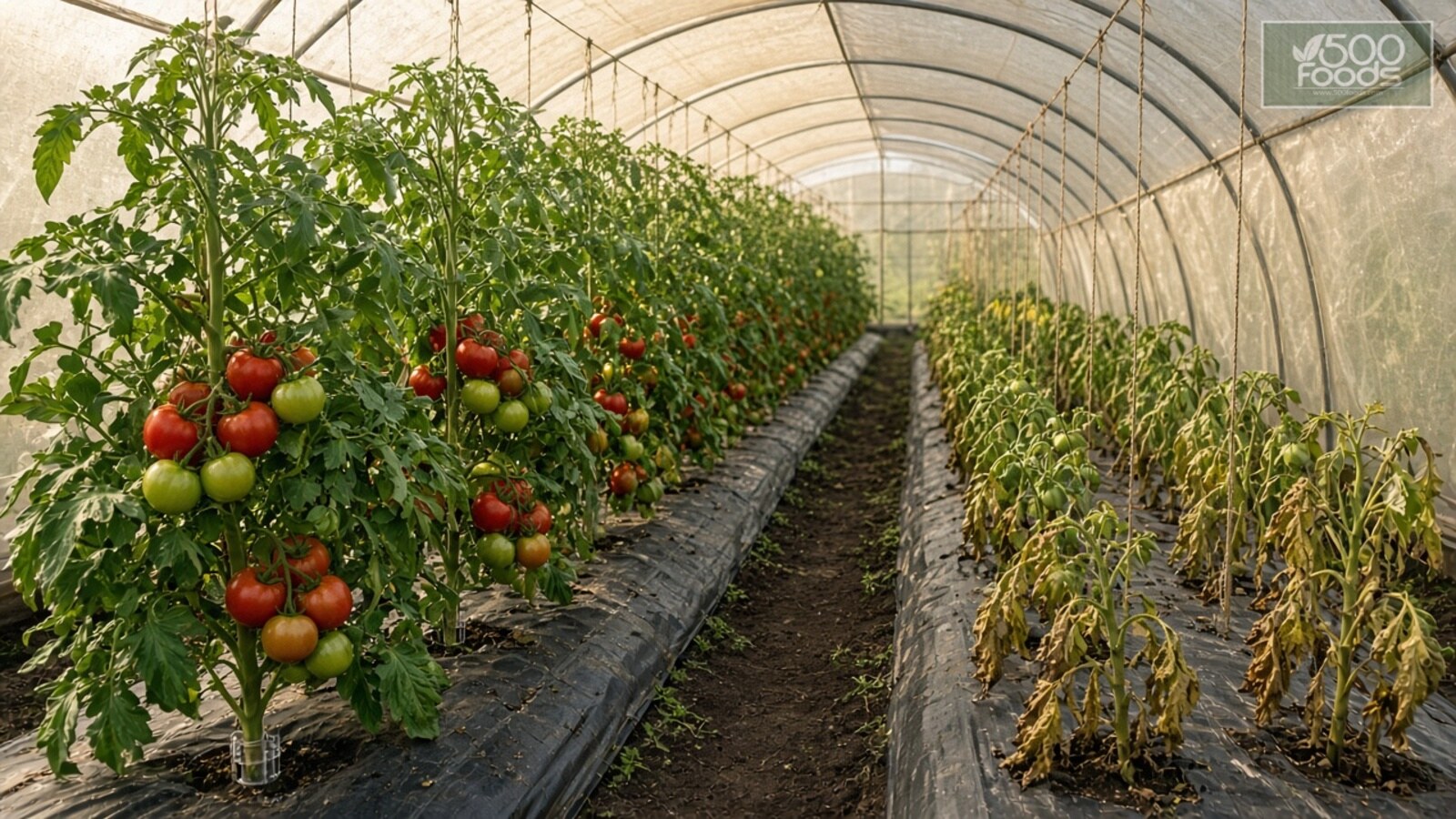 AI-generated illustration: grafted tomato plants heavy with ripening fruit beside a wilting ungrafted row in a plastic-covered high tunnel, a clear grafting clip at the base of one stem