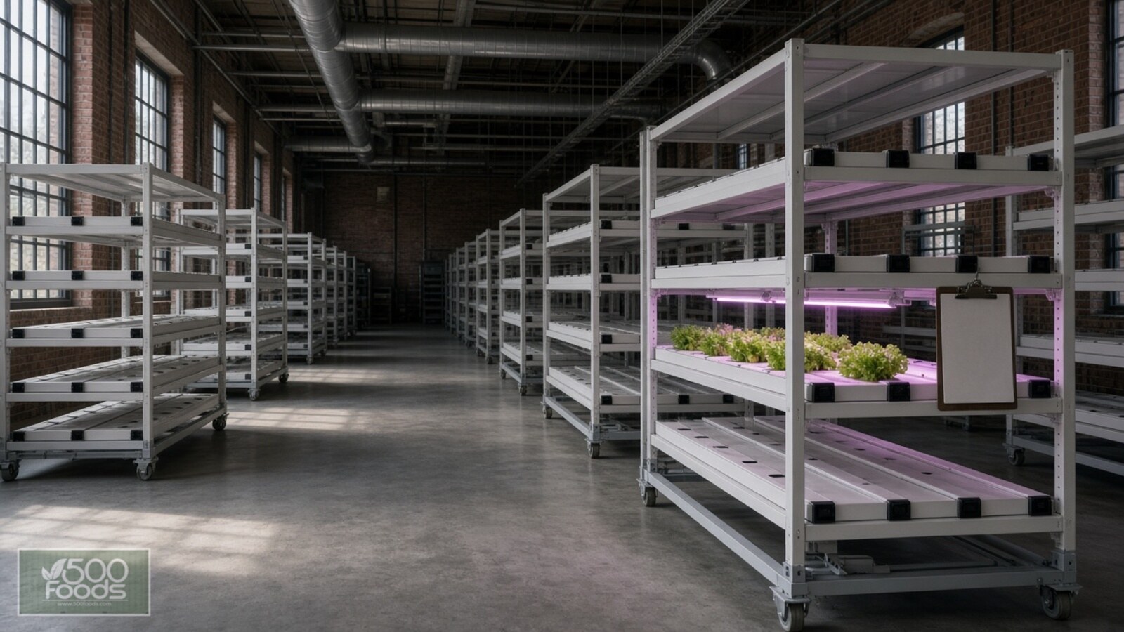 AI-generated illustration: quiet rows of mobile vertical-farm grow racks in a brick industrial building, one shelf of lettuce still glowing under LED light beside a blank auction-lot clipboard