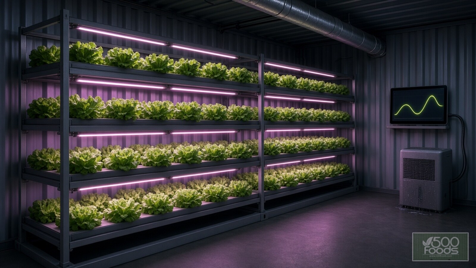 AI-generated illustration: tiers of hydroponic lettuce under pink LED bars inside a shipping-container farm, with a dehumidifier and a screen showing a price curve