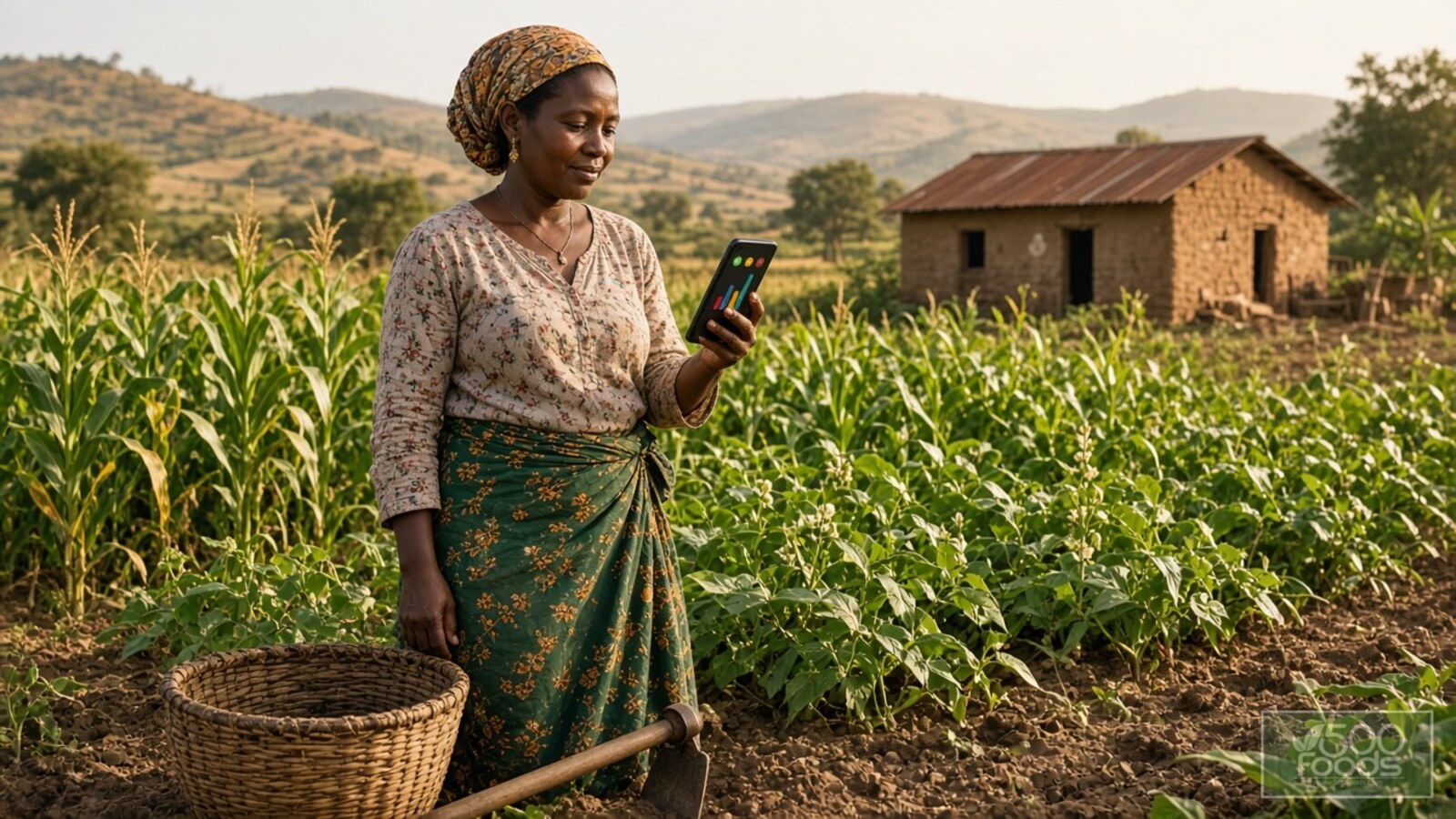 AI-generated illustration: a woman smallholder farmer checking a smartphone advisory in her maize and bean plot at sunrise