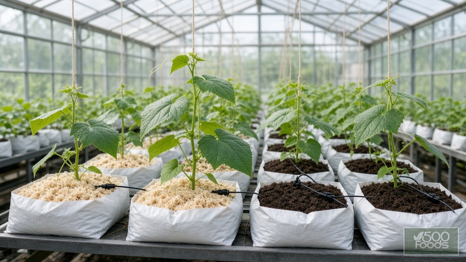 AI-generated illustration: young cucumber plants growing in rows of grow bags filled with pale wood fibre and dark peat inside a greenhouse, with drip fertigation lines running to each bag